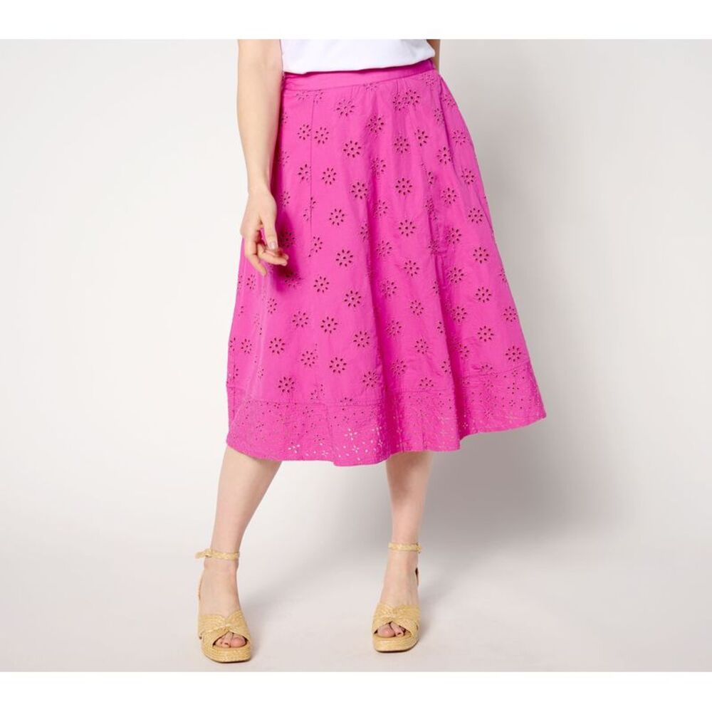 Isaac Mizrahi Live! Women's Petite Skirt PL Embroidered Cotton Pink A644955